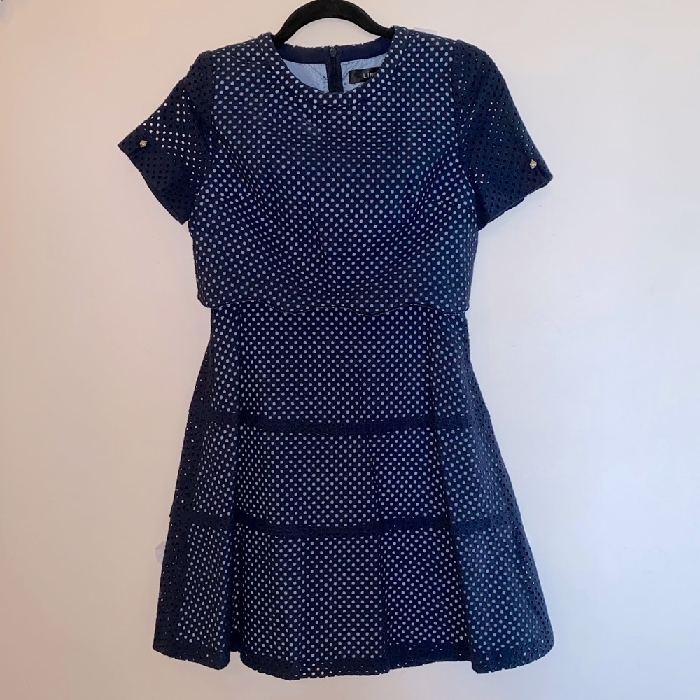 Line - Korean Women’s Navy Blue Eyelet Dress (Size: 66 Korean about US Size: 6)